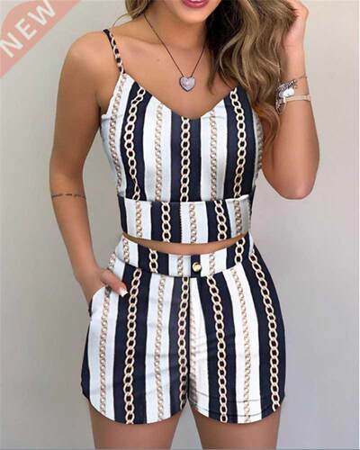 Summer Women Fashion 2-piece Outfit Set Sleeveless Print Top