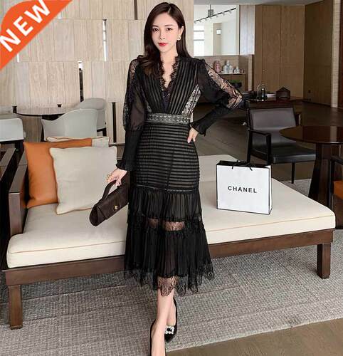 JSXDHK 2022 New Runway Designer Women Black Long Dress Elega