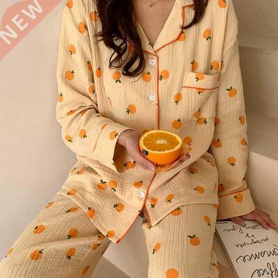 QWEEK Cotton Home Suit Korean Sleepwear Orange Print Pajamas