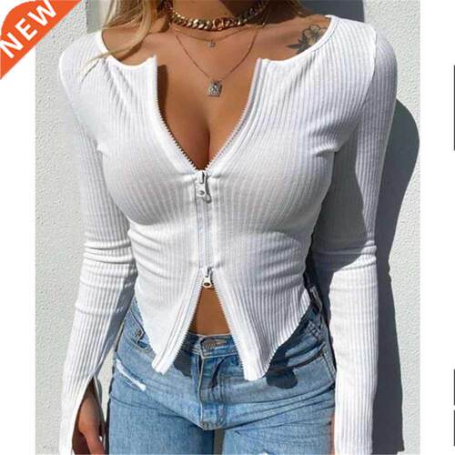 Women T-shirt Spring Autumn Clothes Ribbed Knitted Long Slee