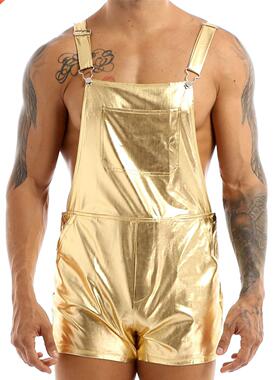 MSemis Mens Fashion Shiny Metallic Bib Overall Suspender Sho