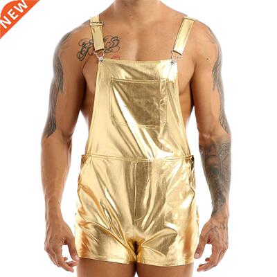 MSemis Mens Fashion Shiny Metallic Bib Overall Suspender Sho