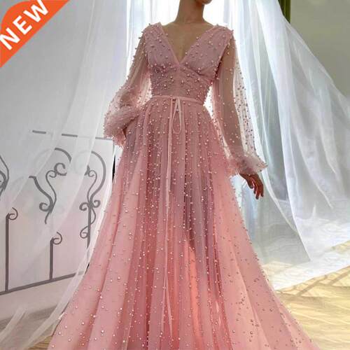 V-neck Cap Sleeves Pink Pearls Material Long Sleeve Prom Dre