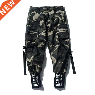 Camouflage Cargo Pants Mens Ribbons Multi-pockets Hip Hop Sp