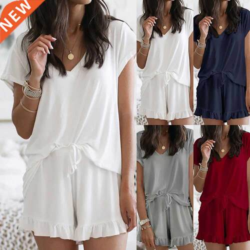 Women's Pajamas Set for Female Two-Piece Ruffle Solid Color