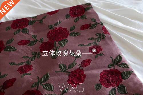 Rose Jacquard Fabric Dark Red Brocade Three-Dimensional