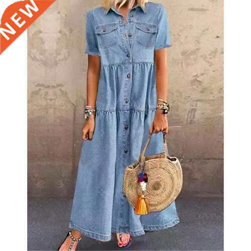 European and American denim long multi-button lape l dress