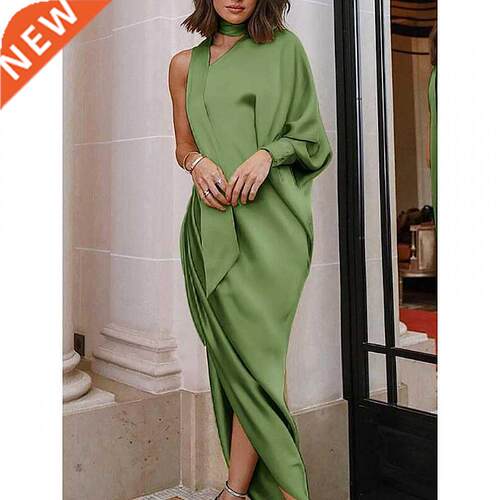Green One Shoulder Ankle Length Evenng Dresses Long Sleeve