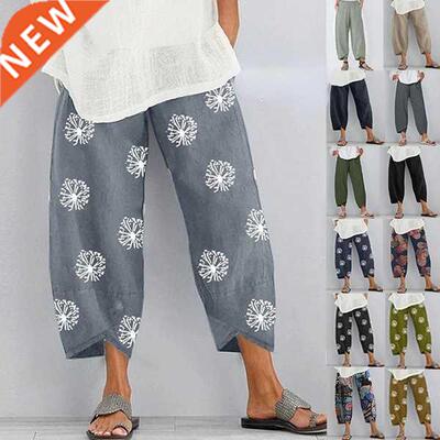Women Harem Pants Vintage Cotton Linen Elastic Waist Wide Le