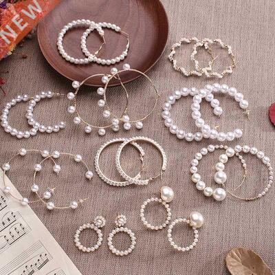 Simple Plain Gold Color Metal Pearl Hoop Earrings Fashion i