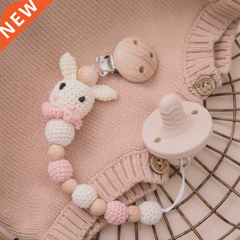 1pc Bunny Pacifier Chain Clip Wood Crochet Rabbit Teething C