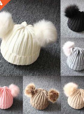 Winter Warm Boy Girls Natural Fur Ball Beanie Kids Caps Baby