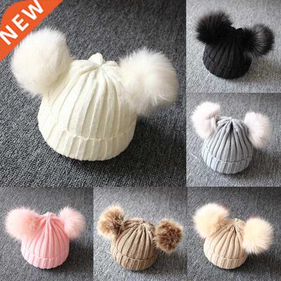 Winter Warm Boy Girls Natural Fur Ball Beanie Kids Caps Baby