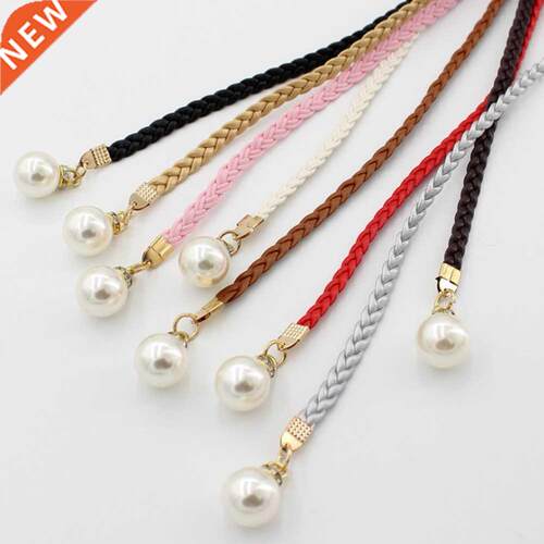 Fashion Thin PU Leather Belt Simulated Pearl Elastic Waist B