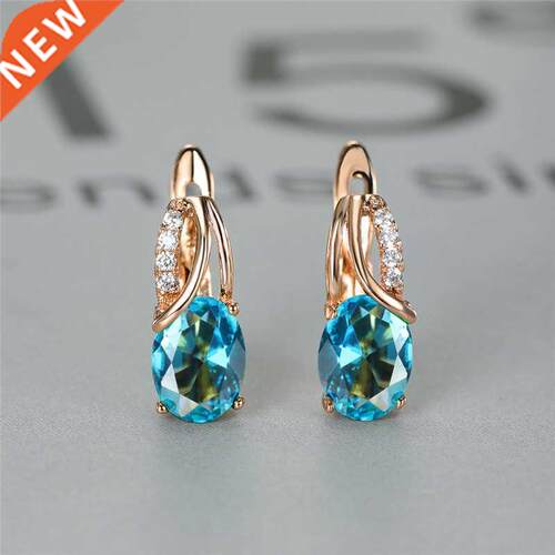 Aqua Blue Zircon Oval Stone Earrings Multicolor Crystal Hoop