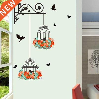 Colorful Flower birdcage flying birds wall sticker Creative