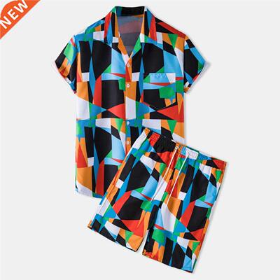 Colorful Men Sets Lapel Shirt Casual Printed Shorts Beach St
