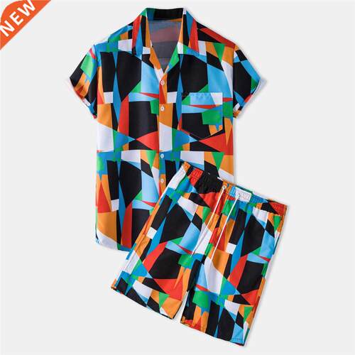 Colorful Men Sets Lapel Shirt Casual Printed Shorts Beach St