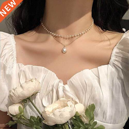2021 New Fashion Kpop Pearl Choker Necklace Cute Double Laye