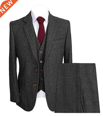 Mens Herringbone Suits 3 Piece Groom Wool Formal Work Busin