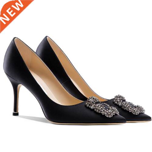Black Silk Satin Rhinestones High Heels Shoes Woman Pumps Ba