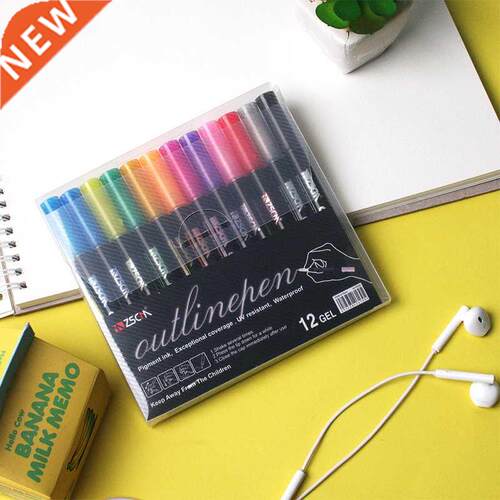 12 Colors Metallic Marker Outline Pen Glitter Colorful  A