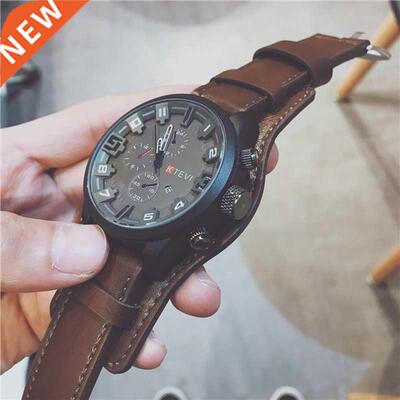 Watch Men Large Dial Sport Watches Leather Strap Oversized Q