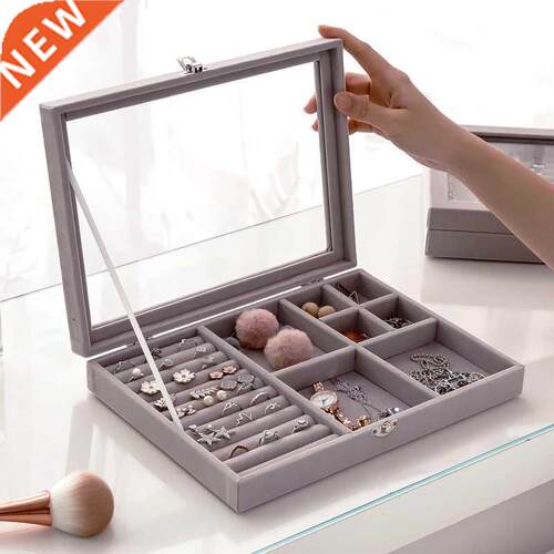 Velvet Glass Ring Earring Jewelry Display Organizer Box Tray