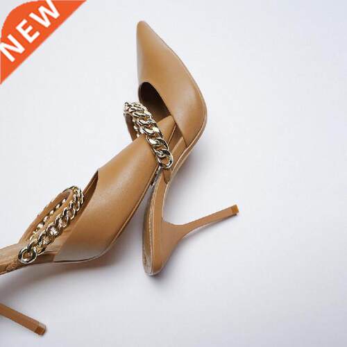 New Women&#s Chain Belt Mules Shoes Brown Stiletto Eleg