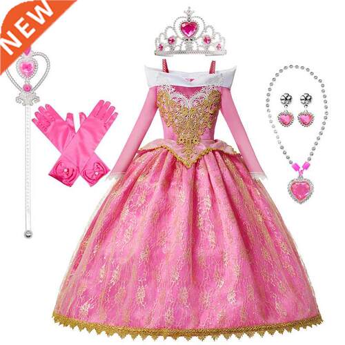 Girls Sleeping Beauty Aurora Princess Dress Long Sleeves Off