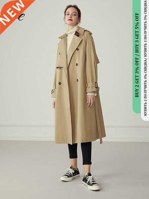 FSLE 100% Cotton Khaki Long Women Trench Coat Autumn Winter