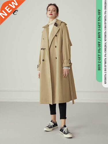 FSLE 100% Cotton Khaki Long Women Trench Coat Autumn Winter