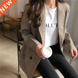 Office Ladies Notched Collar Plaid Women Blazer Double Breas