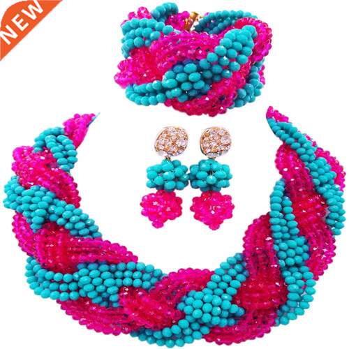 Beautiful Aqua Blue Fuchsia Pink Crystal Beaded Necklaces Co