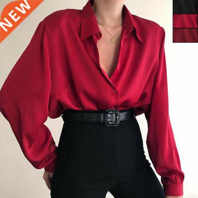 Women Button Blouses Turn Down Collar Shirts Office Lady Lon
