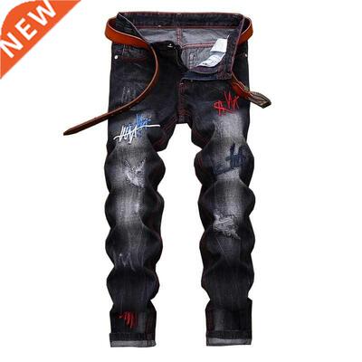 Men Straight Black Embroidered Jeans Fashion Designer Casual