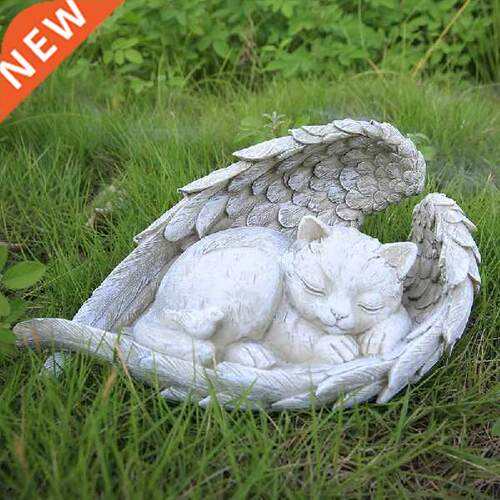 Sleeping Animal Figurine Cute Dog Cat in Angel Wing Statue