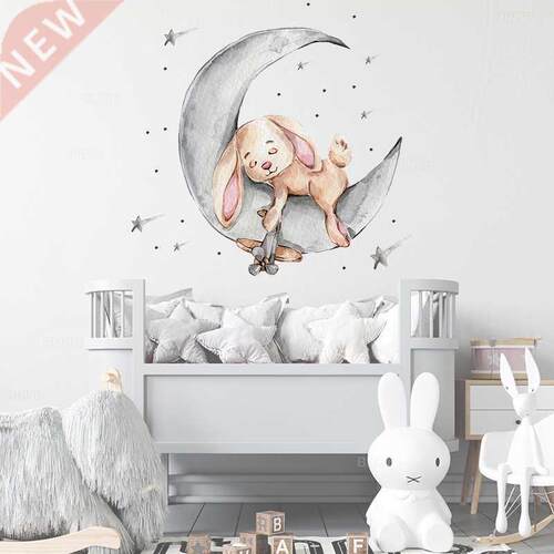 Cartoon Bunny Bear Sleeping on the Moon and Stars Wall Stick