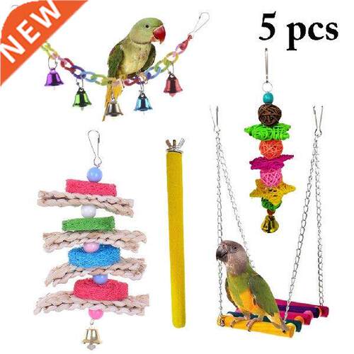 5pcs Bird Parrot Toy with Bell Natural Wooden Grass Chewing