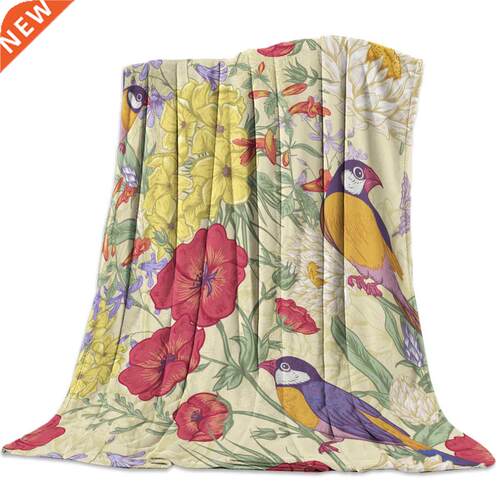 Flannel Blanket for Bed Garden Vintage Flower Bird