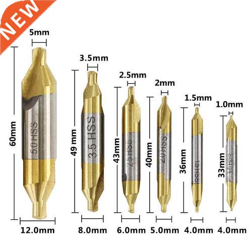 6pcs 1.0-5.0mm HSS TiN Coated Center Drill Bit Set Metalwor