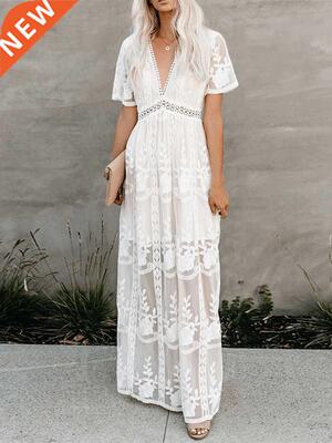 Jastie 2022 Summer Boho Women Maxi Dress Loose Embroidery Wh