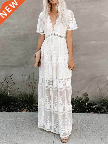 Jastie 2022 Summer Boho Women Maxi Dress Loose Embroidery Wh
