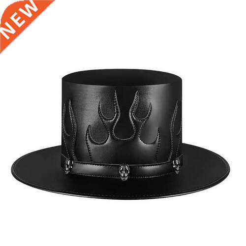 Steampunk Plague Doctor Hat PU Leather Black Flat Top Flame