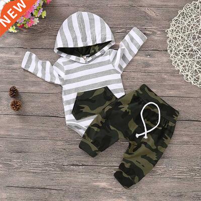 Kids Baby Boy Outfit Striped Hooded Rompers Camouflage Pants
