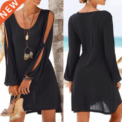 Women Casual O-Neck Hollow Out Sleeve Beach Style Mini Dress