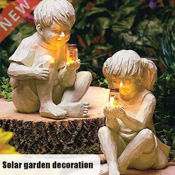 A Kid With Solar Fireflies Garden Statue Resin Jar Boy Girl