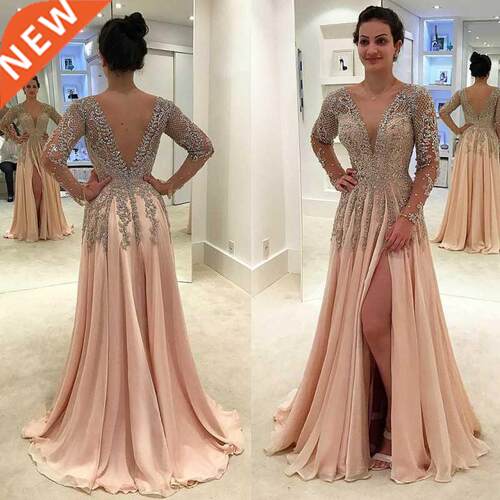 Crystl Beding Long Sleeve Evening Dresses 2021 -Line Side