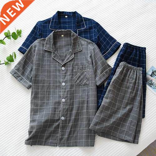 Summer New Men's Pajamas Two-Piece Plaid Cotton Gauze Short-