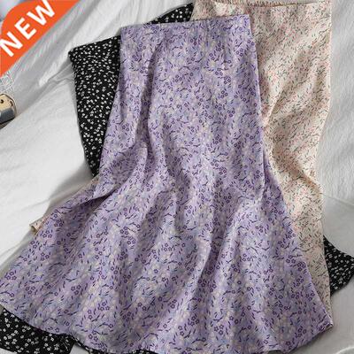 Floral Purple Print Ruffle Pleated Long Skirts 2021 Summer W
